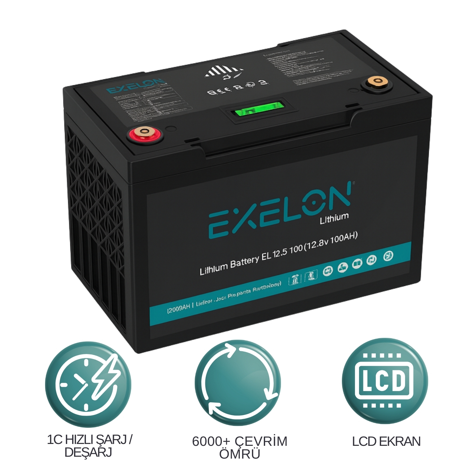Exelon 12.8V 100Ah Lityum Akü | Hızlı Şarj, Uzun Ömürlü, LCD Ekranlı LiFePO4 Pil
