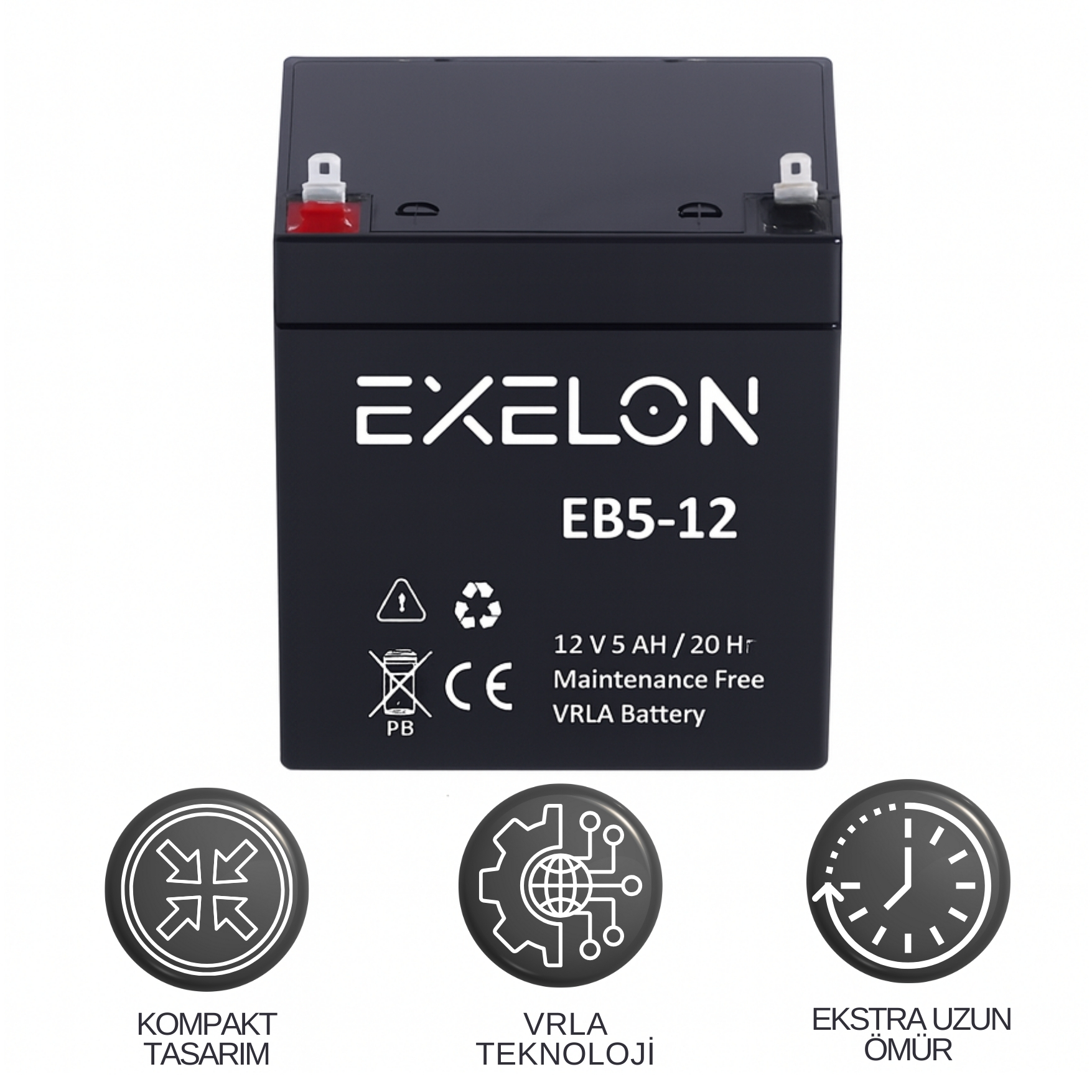 Exelon 12V 5Ah Kuru Tip Akü | VRLA 20Hr Bakım Gerektirmeyen Kompakt Akü