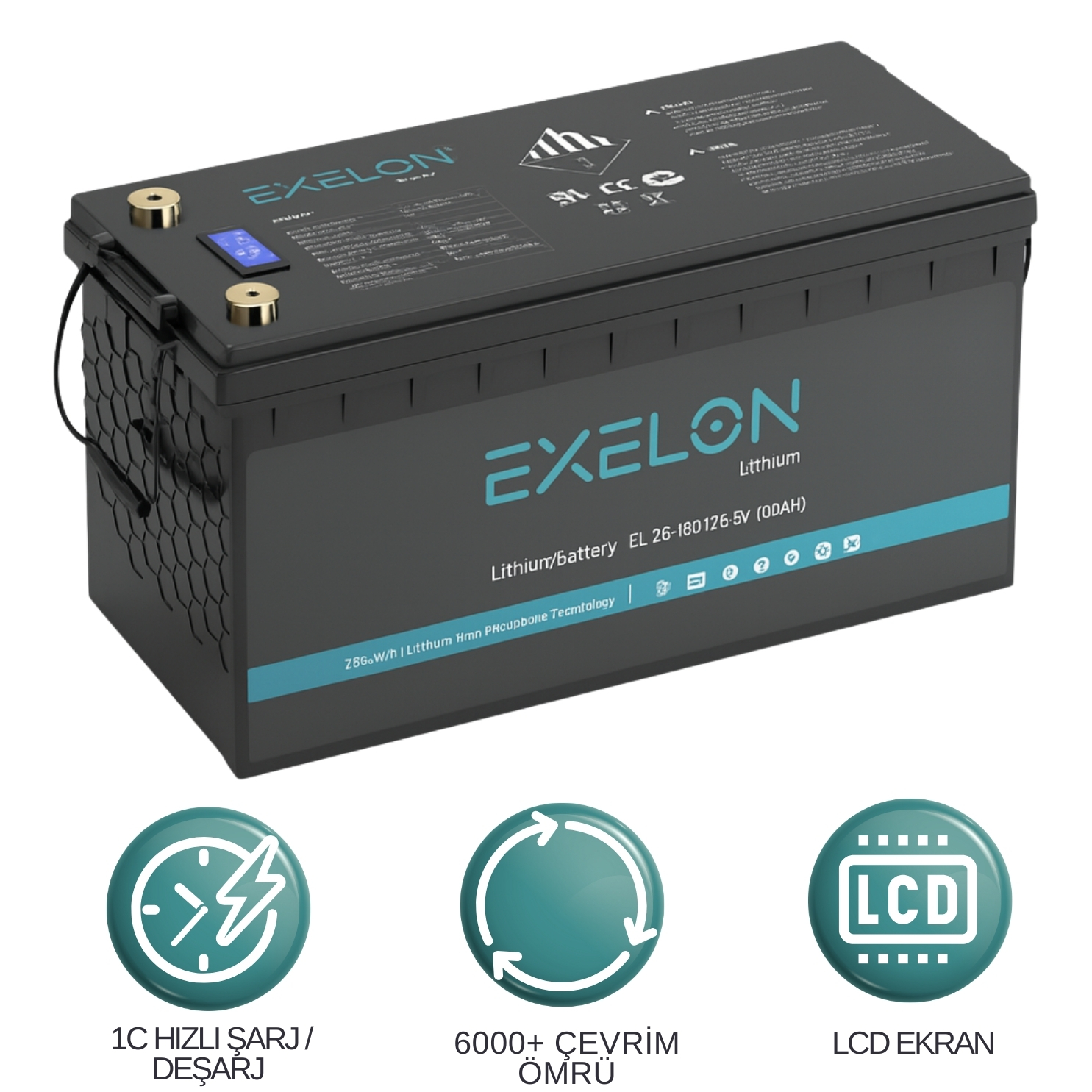 Exelon 24V 100Ah Lityum Akü | Hızlı Şarjlı Uzun Ömürlü LCD Ekranlı LiFePO4 Pil