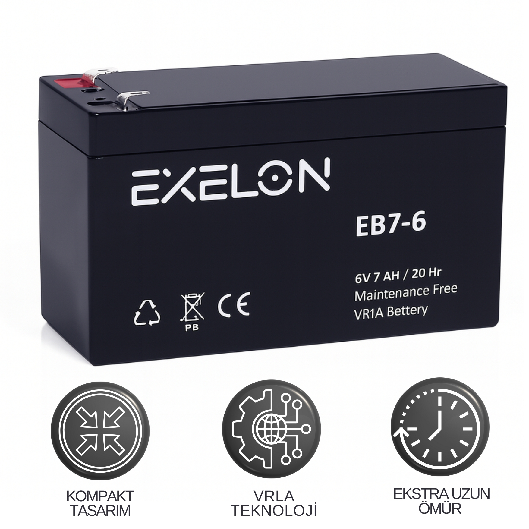 Exelon 6V 7Ah Kuru Tip Akü | VRLA 20Hr Bakımsız Kompakt Akü