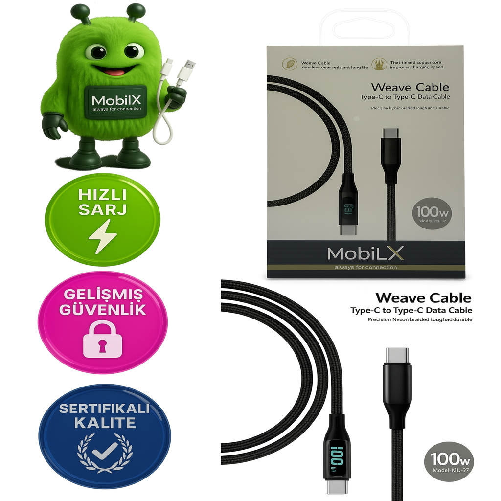MobiLX 100W Type-C to Type-C Örgülü Şarj ve Data Kablosu – Model: MU-07 | Dijital Ekranlı