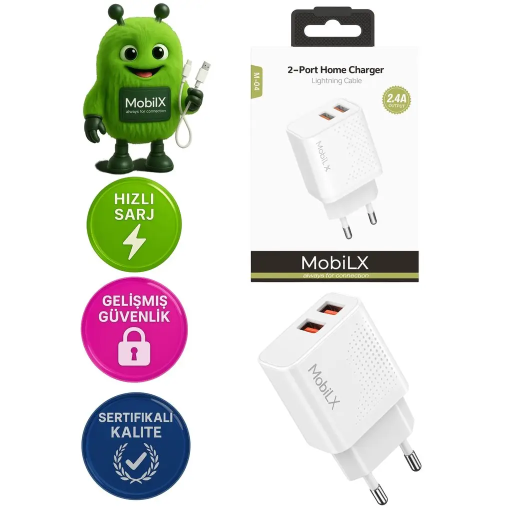 MobiLX 2.4A iPhone 8–14 Pro Max Uyumlu Hızlı Şarj Adaptörü + Lightning Kablo