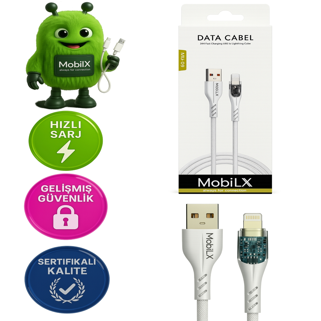 MobiLX 3.4A Lightning Şarj Kablosu – USB to Lightning | Örgülü Yapı | Model: MU-09