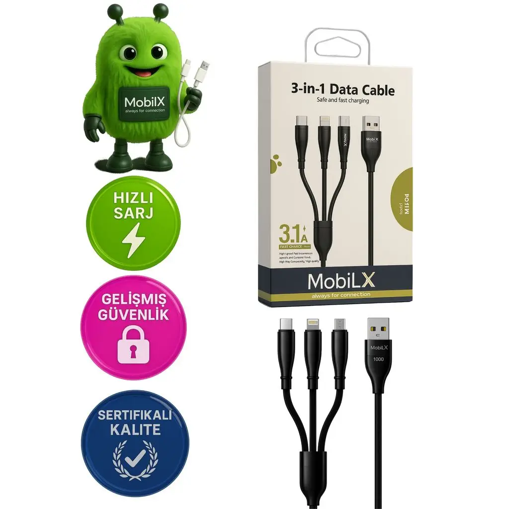 MobiLX 3-in-1 Data Kablosu – 3.1A Hızlı Şarj | Type-C + Lightning + Micro USB | Model: MU-04