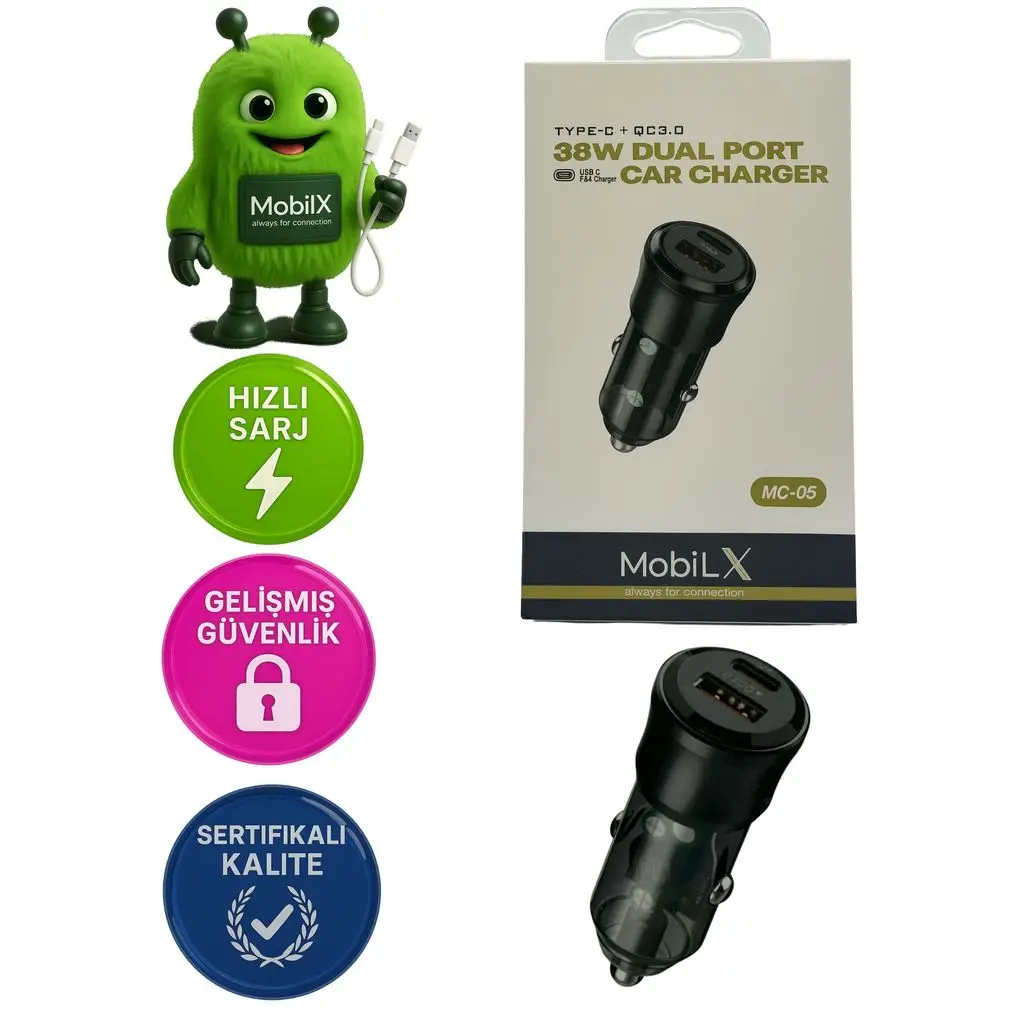 MobiLX 38W Araç Şarj Cihazı – Çift USB Çıkışlı | Type-C + QC 3.0 | Model: MC-05