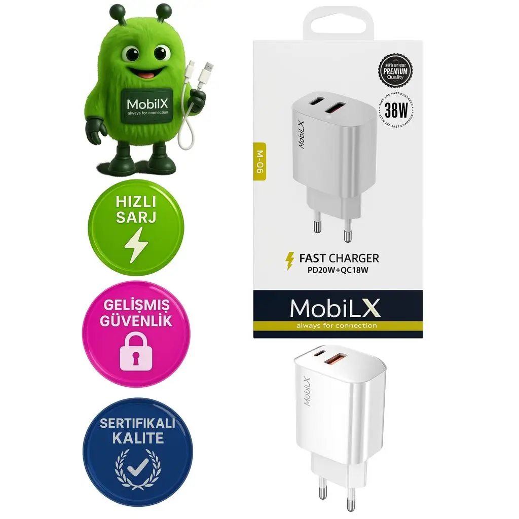 MobiLX 38W Hızlı Şarj Başlığı – PD20W + QC18W Çift Çıkışlı