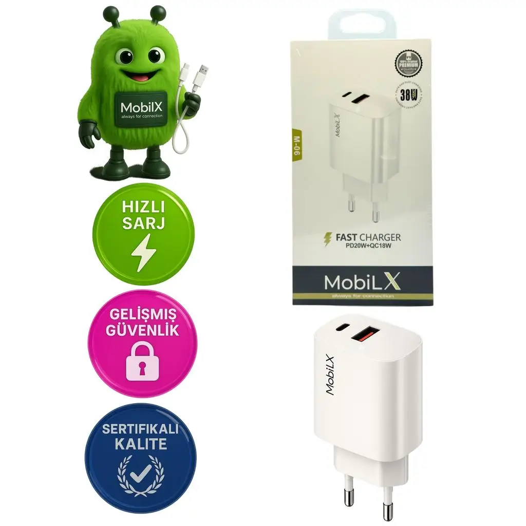 MobiLX 38W Hızlı Şarj Başlığı – PD20W + QC18W | Model: M-06