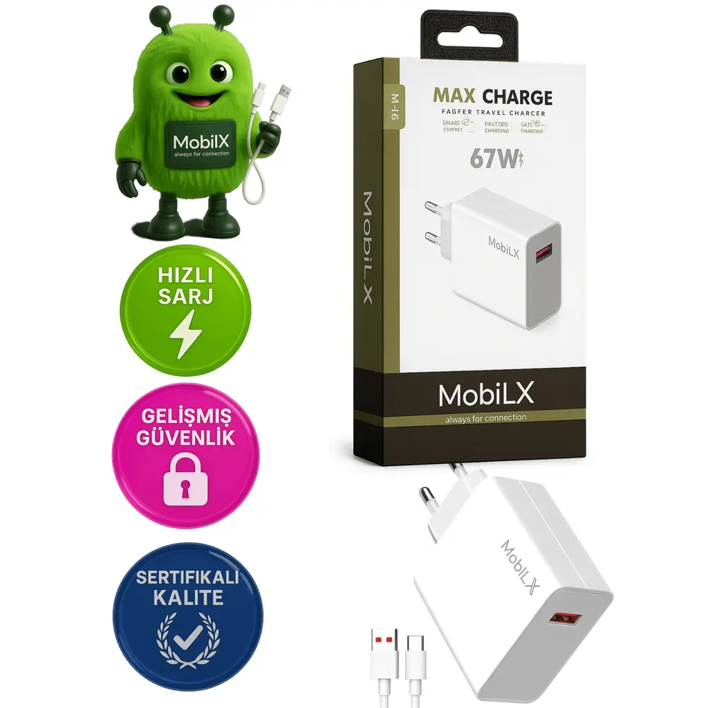 MobilX 67 Watt Turbo Max Hızlı Şarj Aleti + Type C Usb kablo