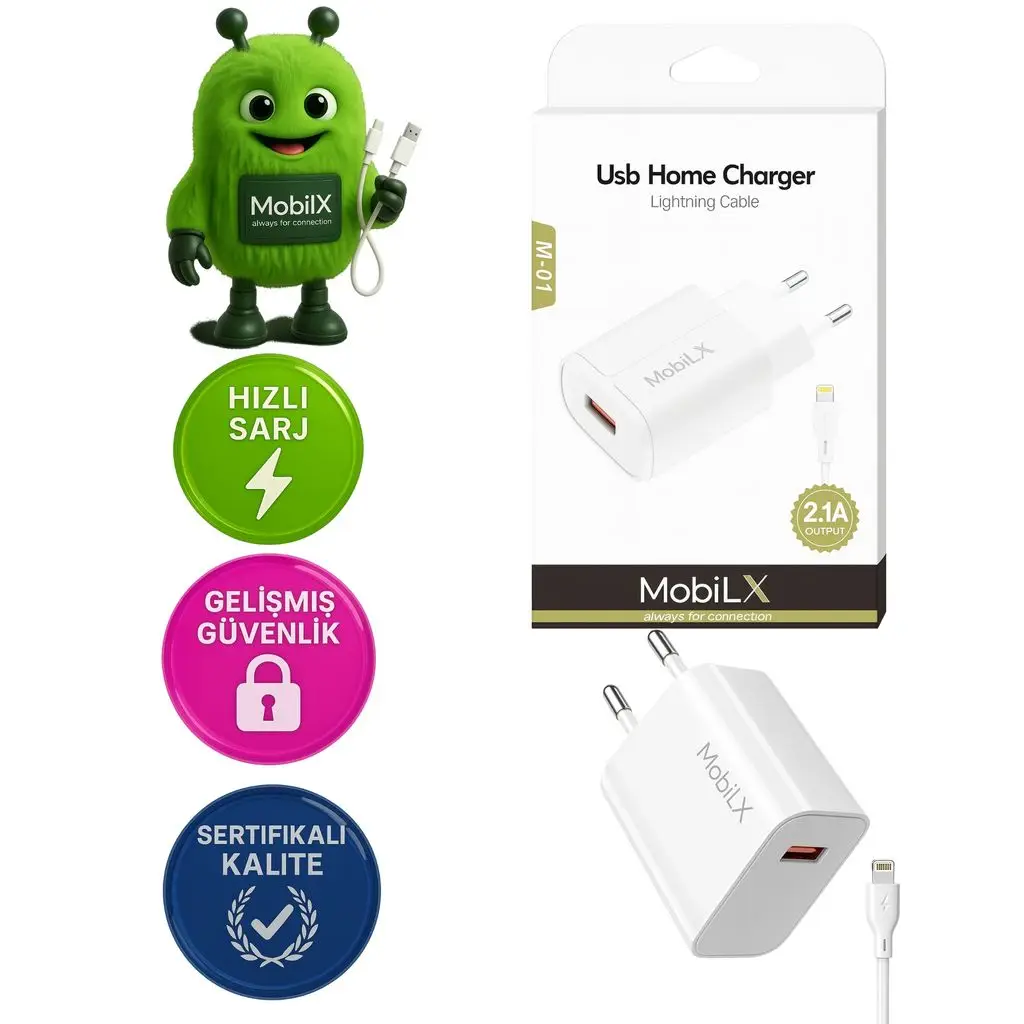 MobiLX M-01 iPhone 11–14 Pro Max Uyumlu 2.1A USB Şarj Adaptörü + Lightning Kablo