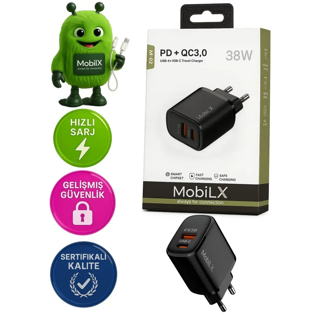 MobiLX M-02 38W Çift Portlu PD + QC 3.0 Hızlı Şarj Adaptörü | USB-A & Type-C
