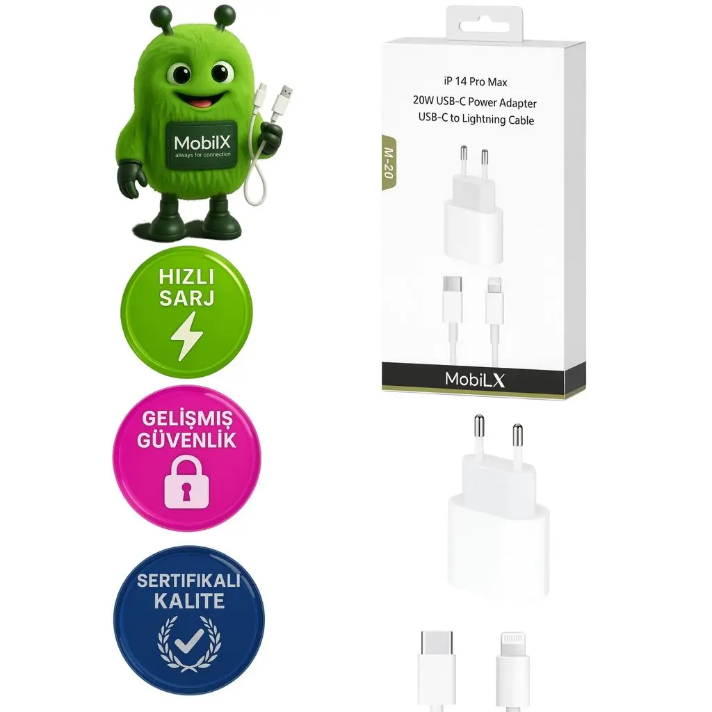 MobiLX M-20 20W iPhone 8–14 Pro Max Uyumlu Hızlı Şarj Adaptörü + USB-C to Lightning Kablo