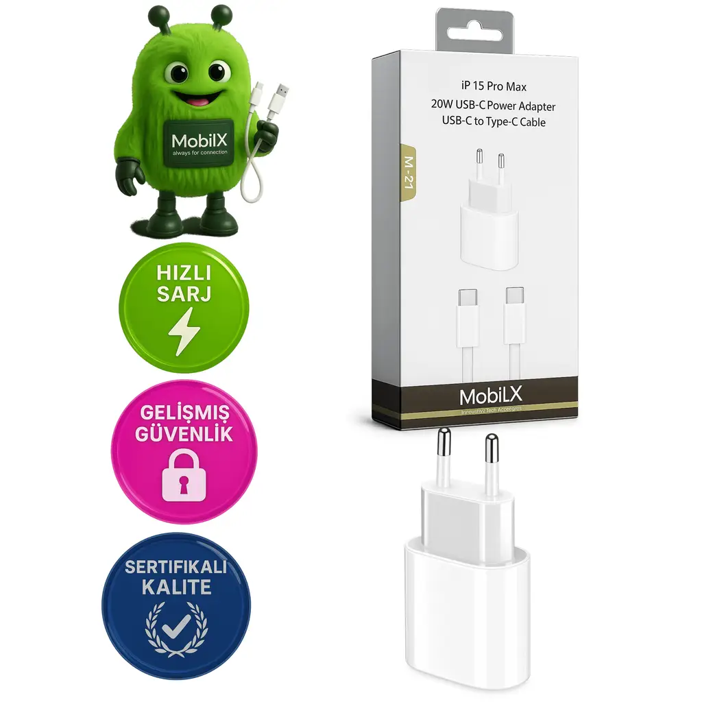 MobiLX M-21 iPhone 15 Pro Max Uyumlu 20W Type-C Hızlı Şarj Adaptörü + USB-C Kablo