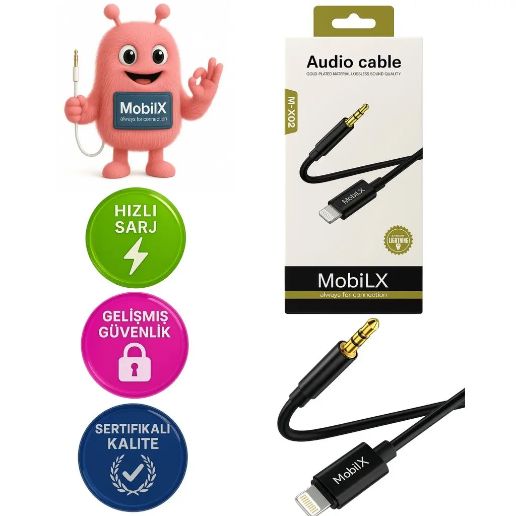 MobiLX M-X02 Lightning to 3.5mm AUX Ses Kablosu – iPhone Uyumlu, Stereo Ses Destekli, Altın Uçlu