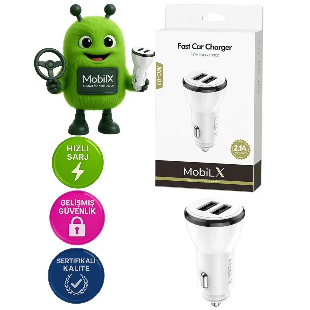 MobiLX MC-01 2.1A Çift USB Portlu Araç Şarj Cihazı | iPhone ve Tüm Akıllı Telefonlar için Çakmaklık Adaptörü – Beyaz