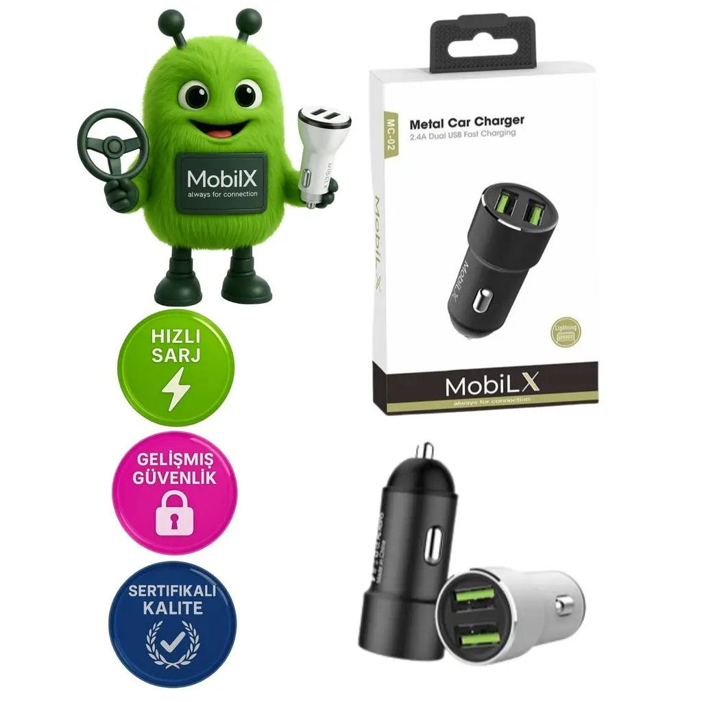 MobiLX MC-02 2.4A Çift USB Portlu Metal Araç Şarj Cihazı | Type-C ve Lightning Kablo Uyumlu – Siyah