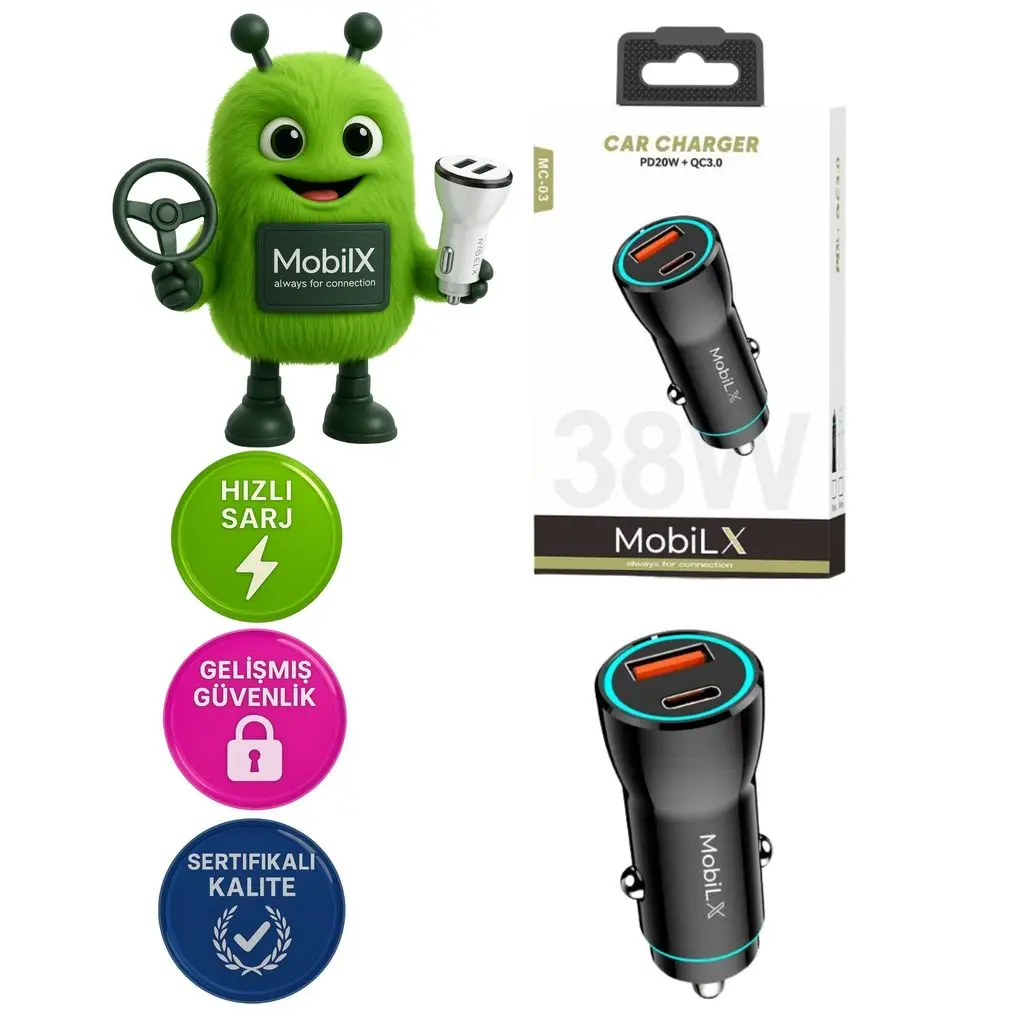 MobiLX MC-03 38W PD + QC3.0 Metal Araç Şarj Cihazı – USB & Type-C Hızlı Çakmaklık Adaptörü