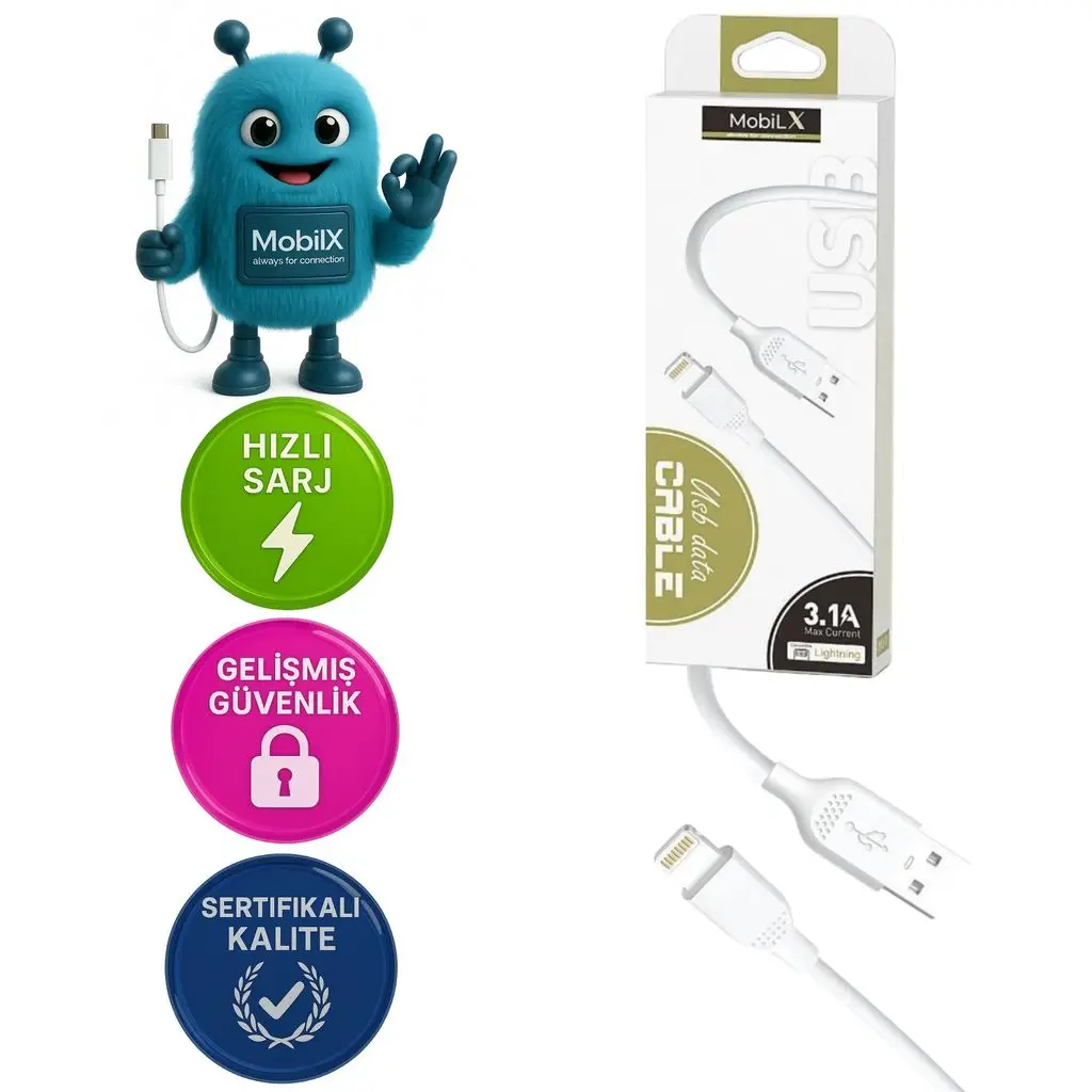 MobiLX MU-01 USB to Lightning Şarj ve Data Kablosu (1m) – iPhone Uyumlu, 3.1A Hızlı Şarj