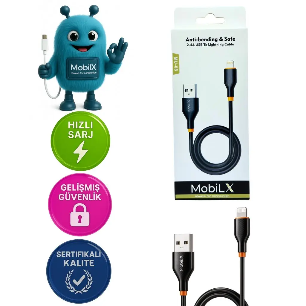 MobiLX MU-08 2.4A Silikon USB to Lightning Hızlı Şarj ve Data Kablosu (1m)