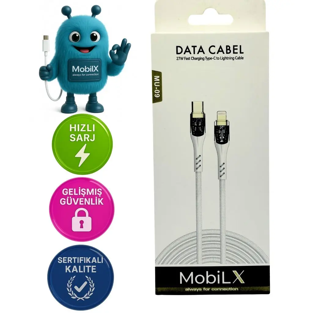 MobiLX MU-09 27W Örgülü Işıklı Type-C to Lightning Hızlı Şarj ve Data Kablosu (1m)