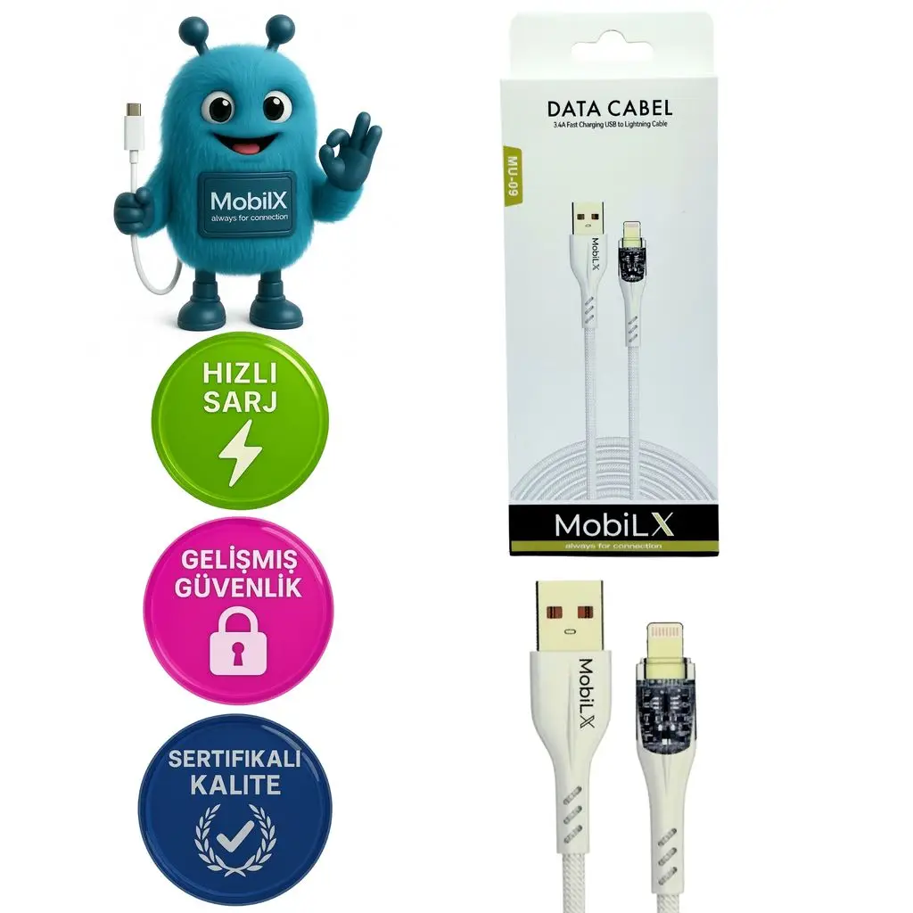 MobiLX MU-09 3.4A Örgülü Işıklı USB to Lightning Hızlı Şarj ve Data Kablosu (1m)