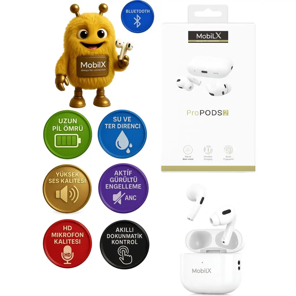 MobiLX PRO 2 Kablosuz Bluetooth Kulaklık – AirPods Pro 2 Görünümlü, Premium Stereo Ses, HD Mikrofon, HiFi, ANC, Kılıf Hediyeli