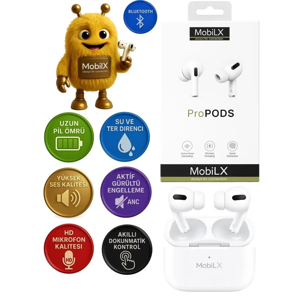 MobiLX ProPODS Kablosuz Bluetooth Kulaklık – Pro Model, Stereo Bass, HD Mikrofon, ENC Gürültü Önleme, Şarj Kutusu ve Kılıf Hediyeli