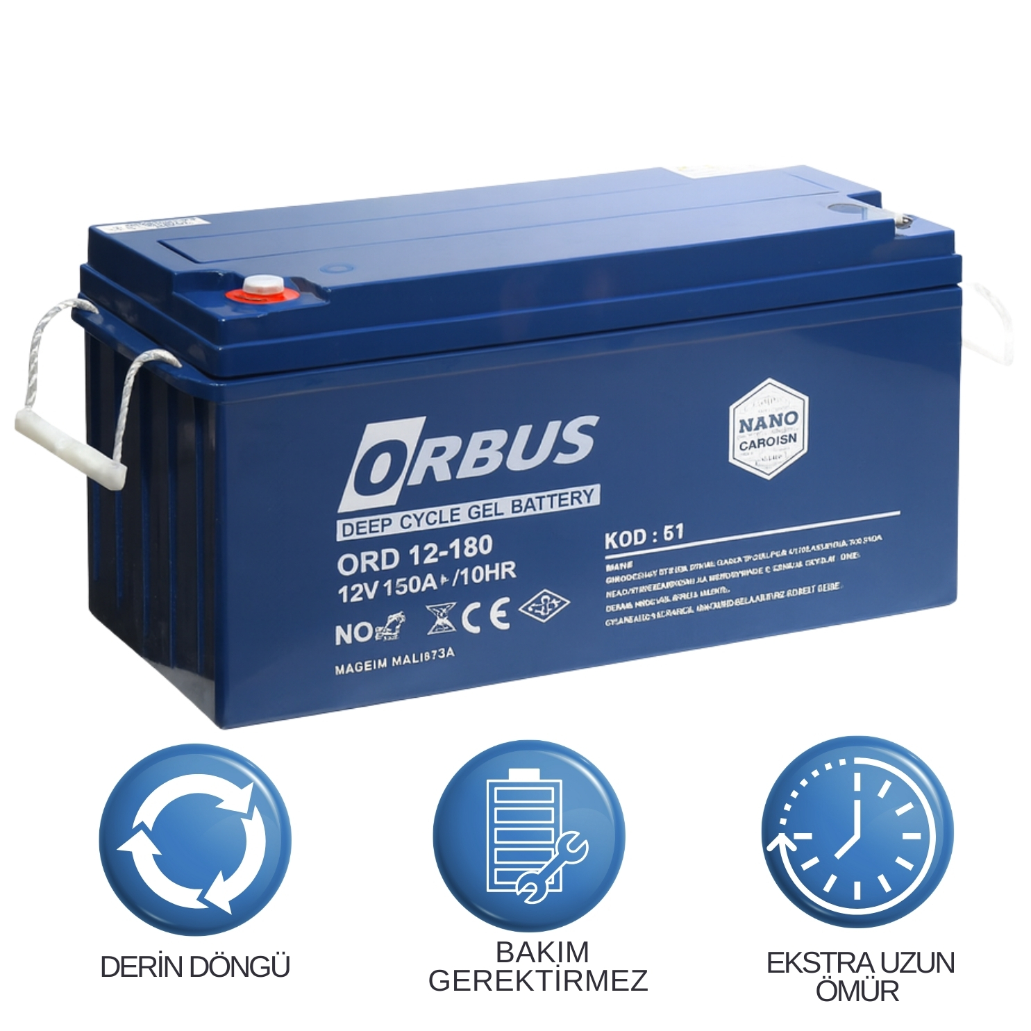 Orbus 12V 150Ah Jel Akü | Derin Deşarjlı Solar Enerji Depolama Aküsü
