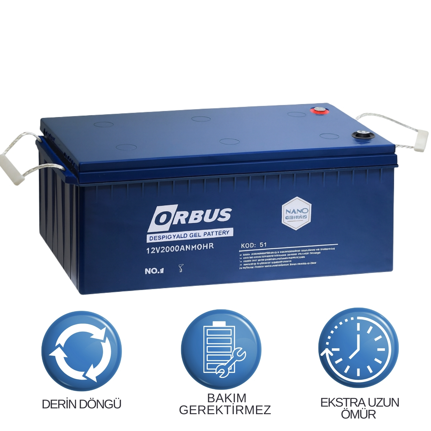 Orbus 12V 200Ah Jel Akü | Derin Deşarjlı Solar Enerji Depolama Aküsü