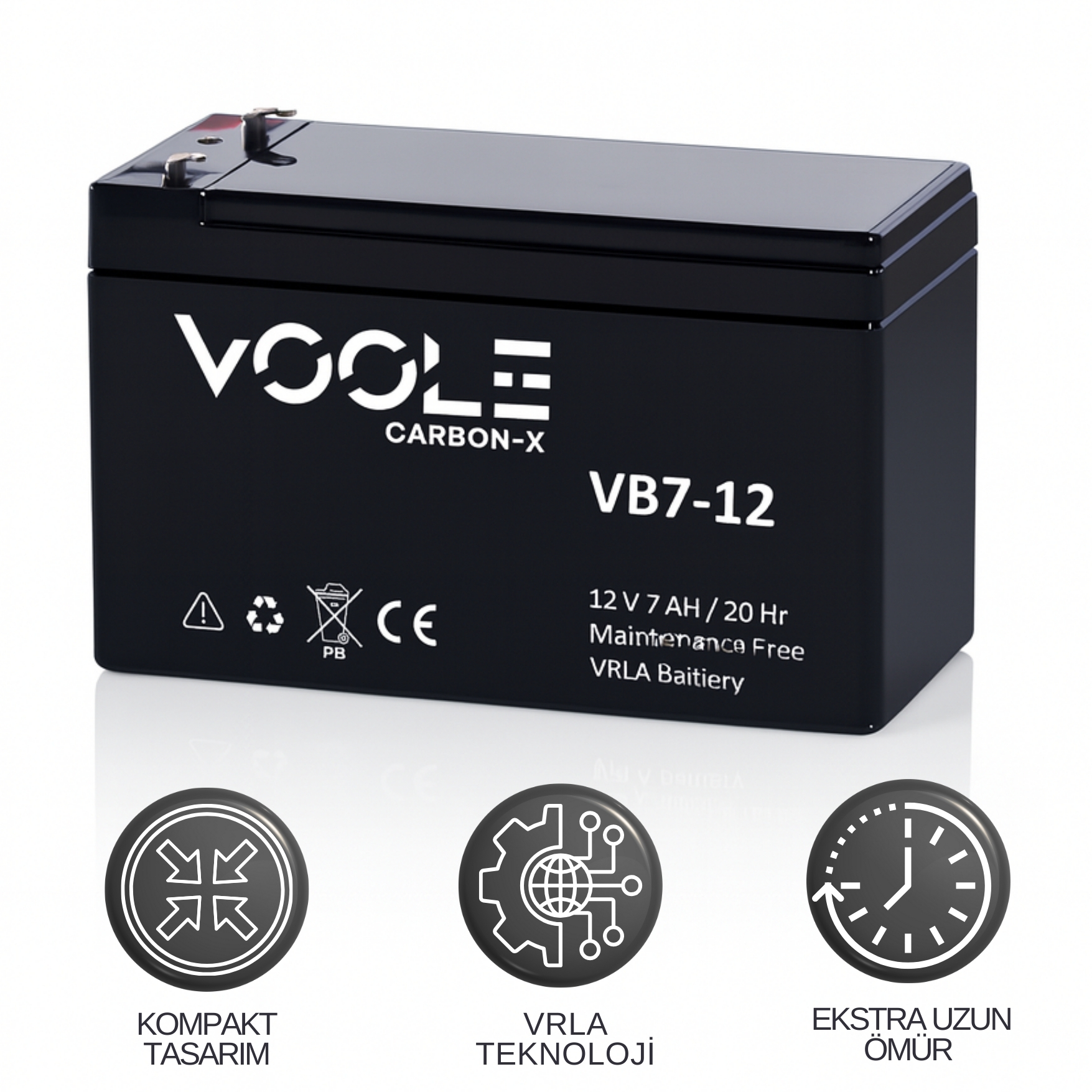 Voole 12V 7Ah Kuru Tip Akü (Büyük Fişli) | VRLA 20Hr CarbonX Bakımsız Akü