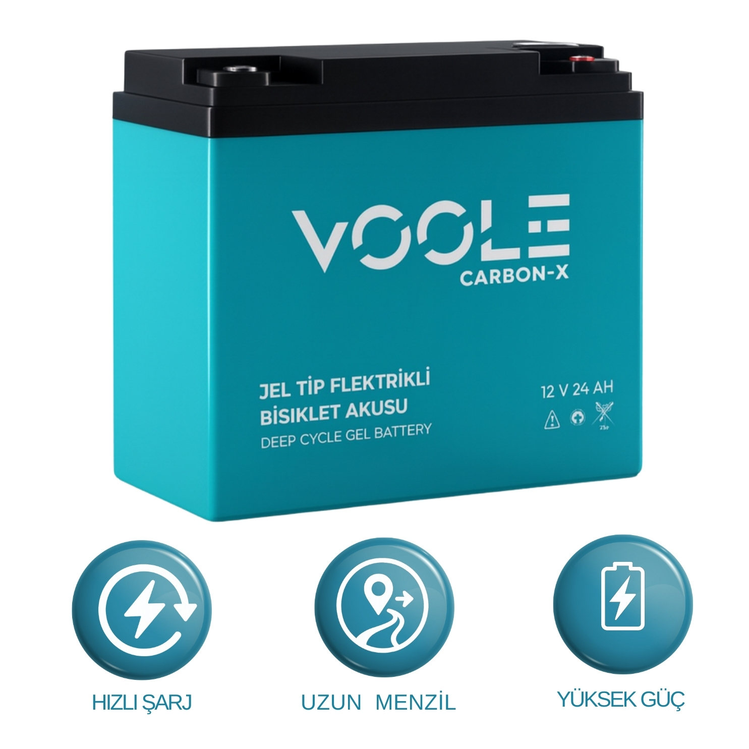 VOOLE CarbonX 12V 24Ah Jel Elektrikli Bisiklet Aküsü | Derin Döngü Karbon Teknolojili Jel Akü
