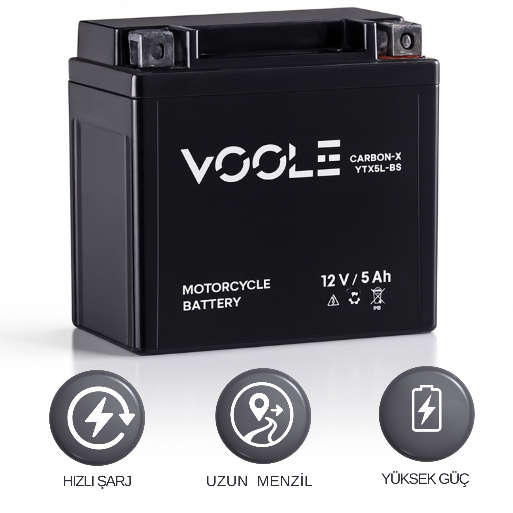 VOOLE CarbonX 12V 5Ah Jel Motosiklet Aküsü | Yatay Kasa Kompakt Güçlü Akü
