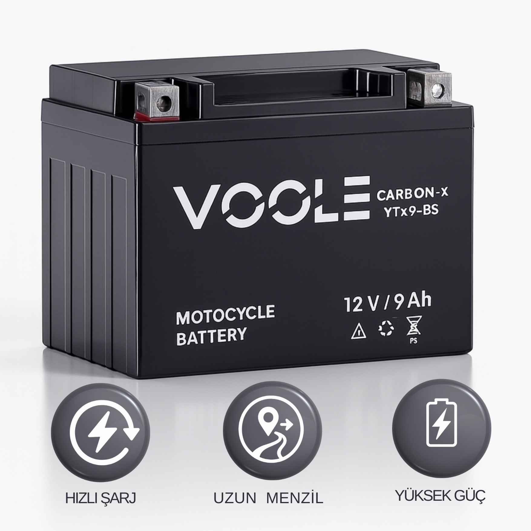 VOOLE CarbonX 12V 9Ah Jel Motosiklet Aküsü | Yatay Kasa Karbon Teknolojili Derin Döngü Akü