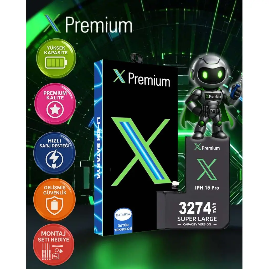 Xpremium iPhone 15 Pro Batarya – 3274 mAh Süper Yüksek Kapasiteli Güçlendirilmiş Pil