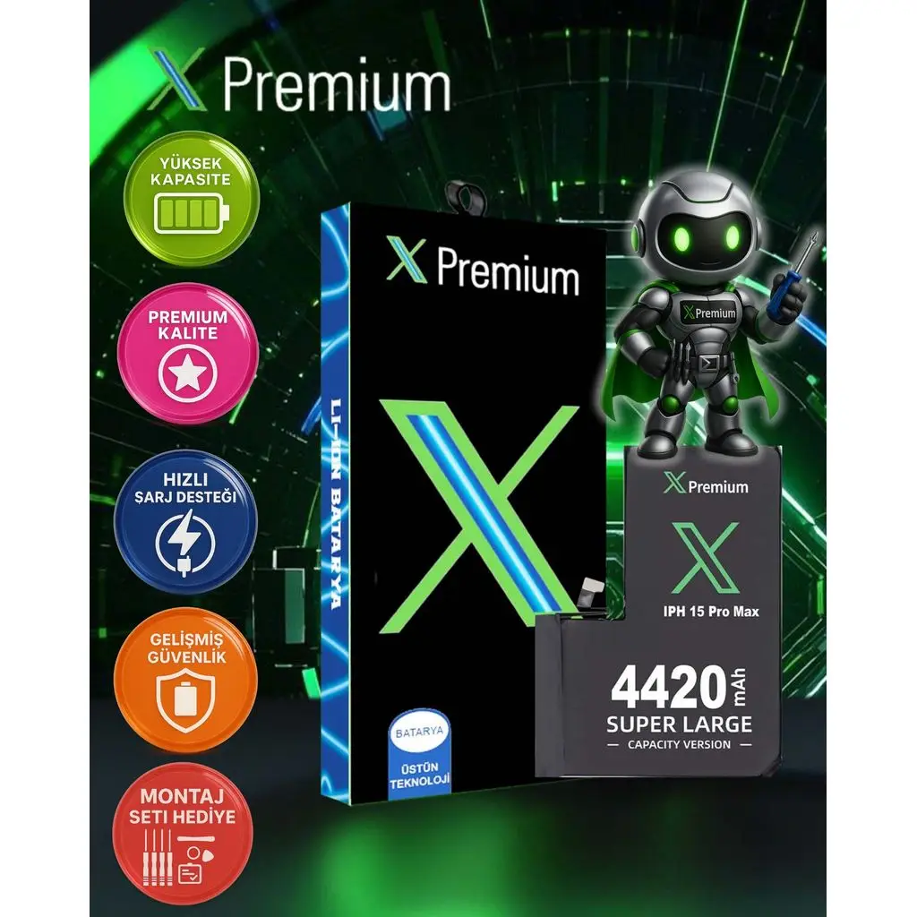 Xpremium iPhone 15 Pro Max Batarya – 4420 mAh Süper Yüksek Kapasiteli Güçlendirilmiş Pil