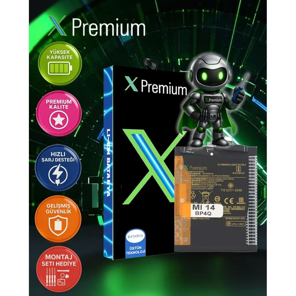 Xpremium Xiaomi Mi 14 (BP4Q) Batarya – 4610 mAh Süper Yüksek Kapasiteli Güçlendirilmiş Pil