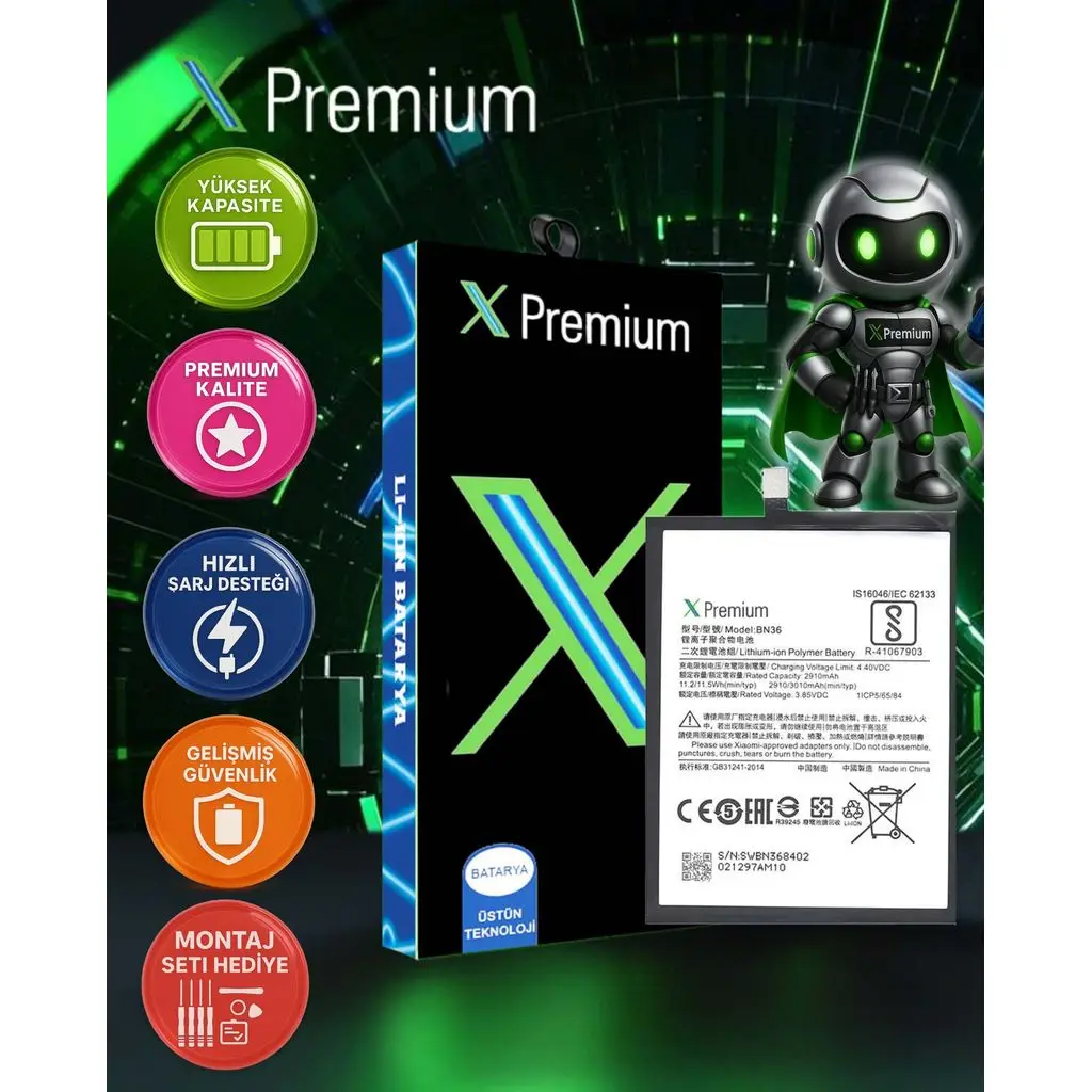 ​​Xpremium Xiaomi Mi A2 BN36 Batarya Pil Süper Yüksek Kalite 2910 mAh